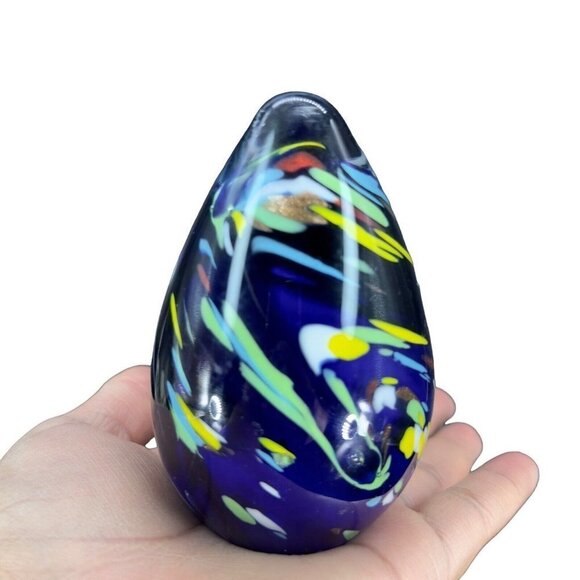 Multicolor Egg Shaped Art Glass Paperweight Figurine Cobalt Blue Dots 4"T 2.25"W - Picture 11 of 12